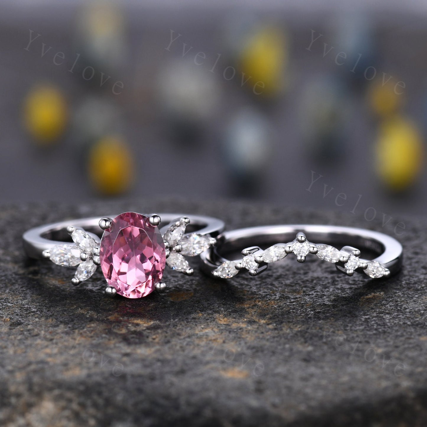 Natural Pink Tourmaline Engagement Ring Set,White Gold Marquise Moissanite Band,October Birthstone Ring,Art Deco Promise Anniversary Gift