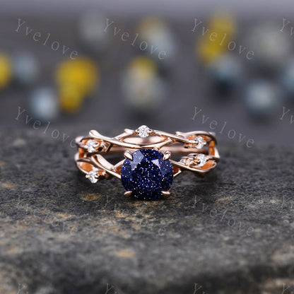 Twig Blue Sandstone Engagement Ring Set,sandstone engagement ring set,14k rose gold,Galaxy vintage unique engagement ring set gift for women