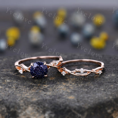 Twig Blue Sandstone Engagement Ring Set,sandstone engagement ring set,14k rose gold,Galaxy vintage unique engagement ring set gift for women