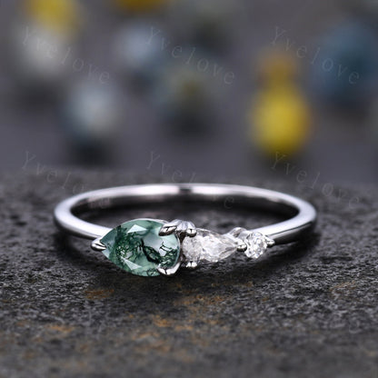 Vintage Moss Agate Ring Engagement Ring,Pear Cut Gems,Art Deco Moissanite Wedding Band,3 Stone Unique Women Bridal Promise Ring,White gold