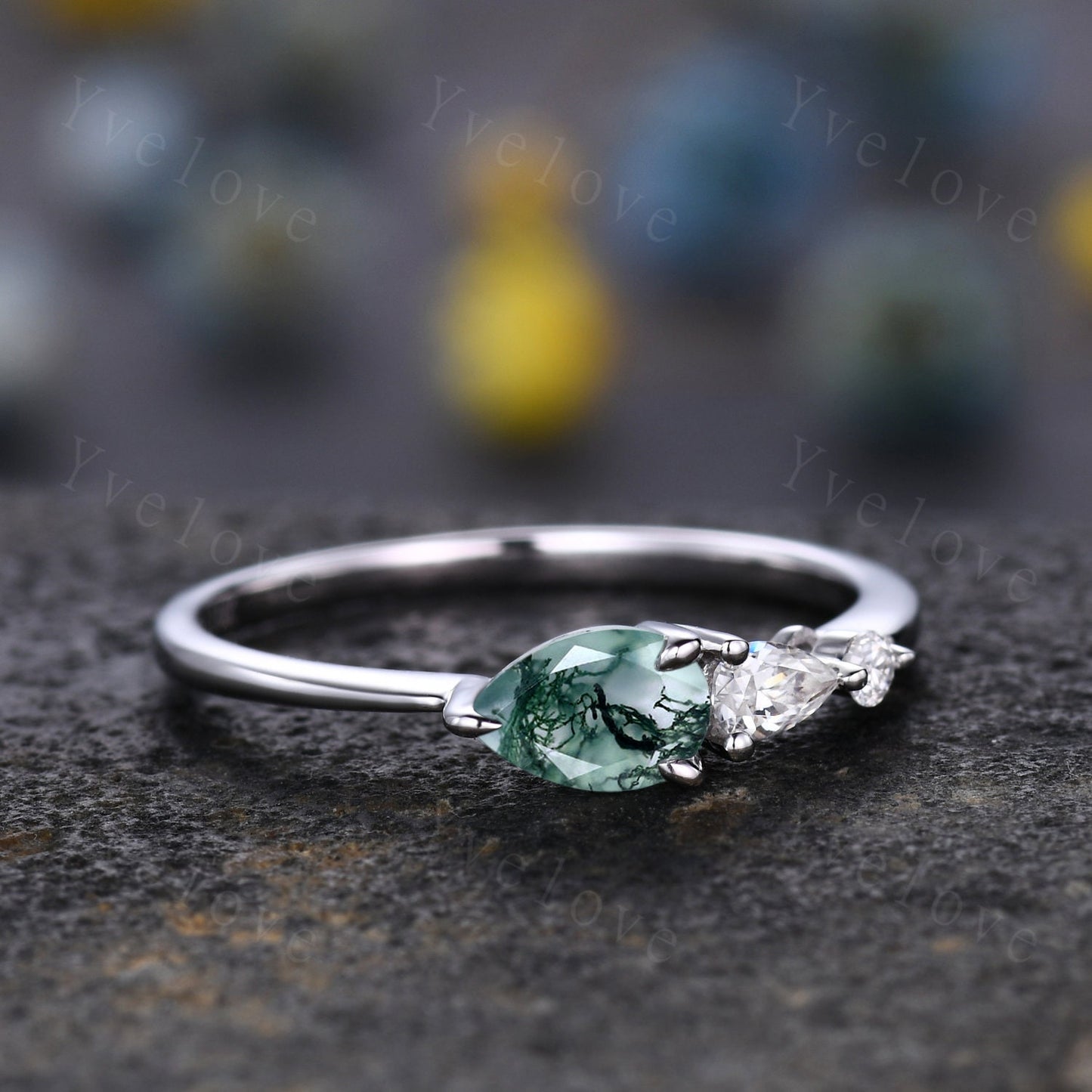 Vintage Moss Agate Ring Engagement Ring,Pear Cut Gems,Art Deco Moissanite Wedding Band,3 Stone Unique Women Bridal Promise Ring,White gold