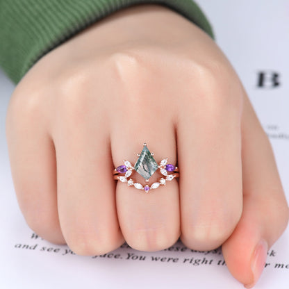 Vintage Kite Cut Moss Agate Engagement Ring Rose Gold Women Unique Moissanite Amethyst Gem Matching Band Promise Bridal Stacking Ring Set