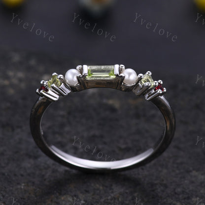 Minimalist Baguette shaped peridot band dainty pearl red garnet wedding band women stackable matching ring 925 silver personalized ring gift