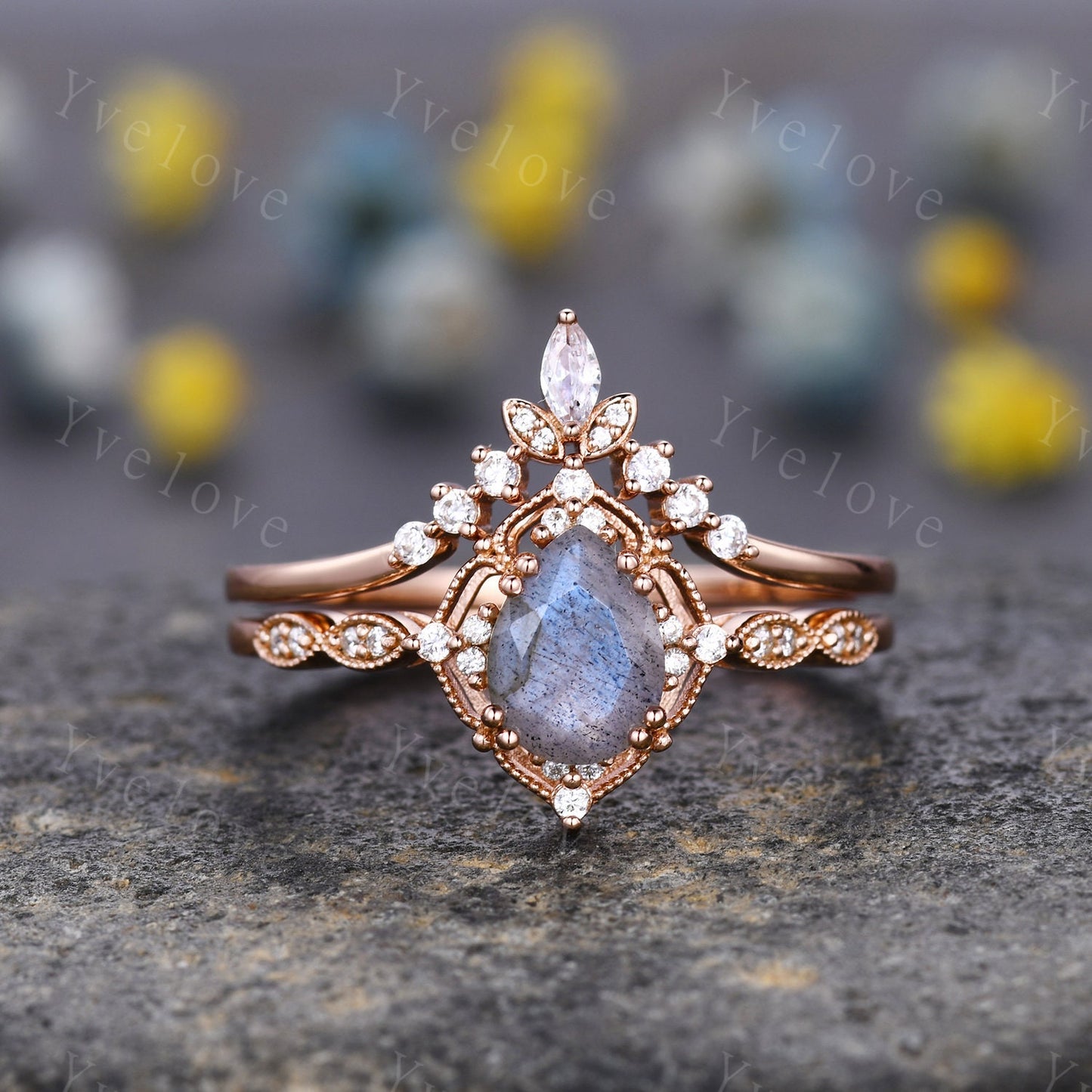 Vintage Labradorite Engagement Ring Set,6x8mm Pear Shape Bridal Set,Moissanite Half Eternity Band,Solid Gold,Women Rings Gift For Her,Custom