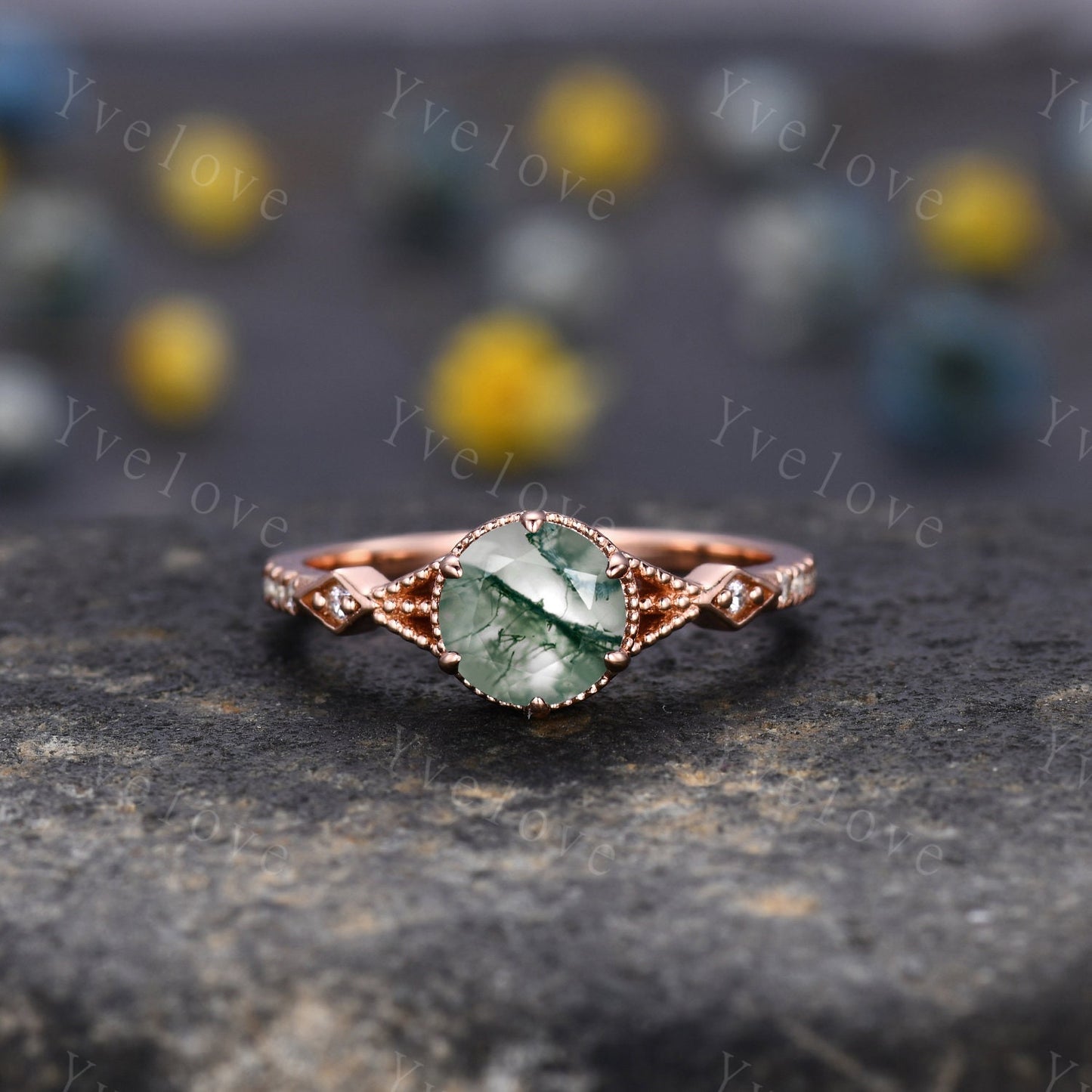 Vintage Round Moss Agate Engagement Ring,Nature Inspired,Dainty Green Gemstone Ring,Gold Ring,Unique Floral Design,Women Diamond Bridal Band
