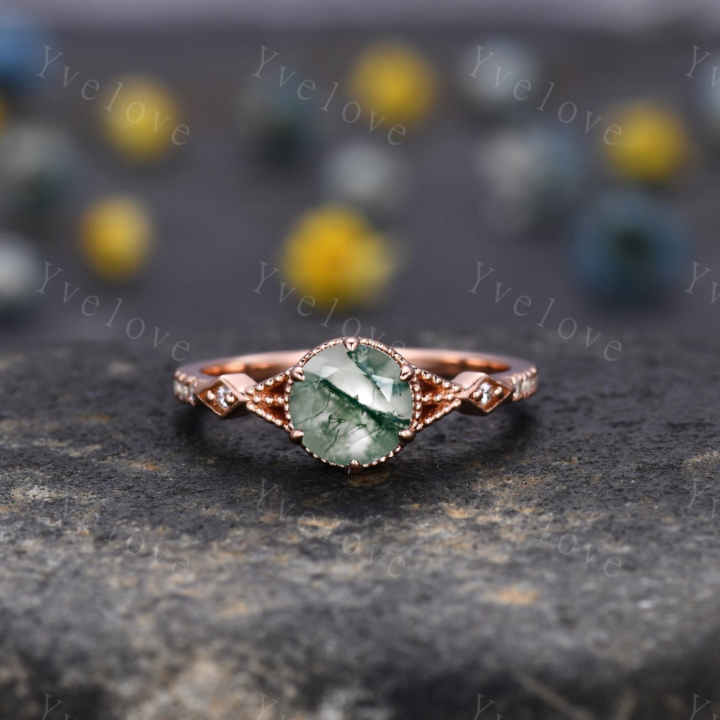 Vintage Moss Agate Engagement Ring,Enhancer Ring,Nature Inspired Ring Set,Women Matching Diamond Band Unique Floral Vine Design Promise Gift