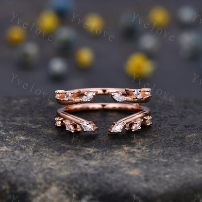 Floral Enhancer Wedding Band Vintage Marquise Moissanite Wedding Band Leaf Branch Diamond Stackable Matching Ring Rose Gold Anniversary Gift