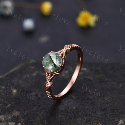 Vintage Round Moss Agate Engagement Ring,Nature Inspired,Dainty Green Gemstone Ring,Gold Ring,Unique Floral Design,Women Diamond Bridal Band