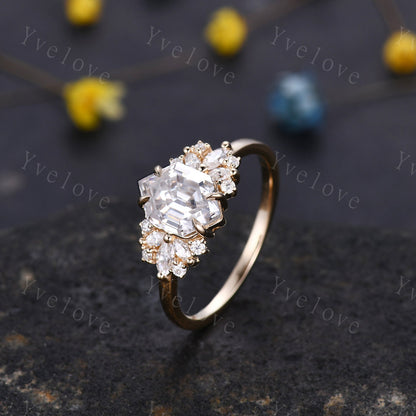 Vintage Hexagon Moissanite engagement ring,Unique Marquise Moissanite Ring,Cluster Ring,Gold Ring,Women Bridal Wedding Gift,Statement Ring