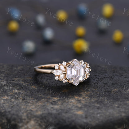 Vintage Hexagon Moissanite engagement ring,Unique Marquise Moissanite Ring,Cluster Ring,Gold Ring,Women Bridal Wedding Gift,Statement Ring