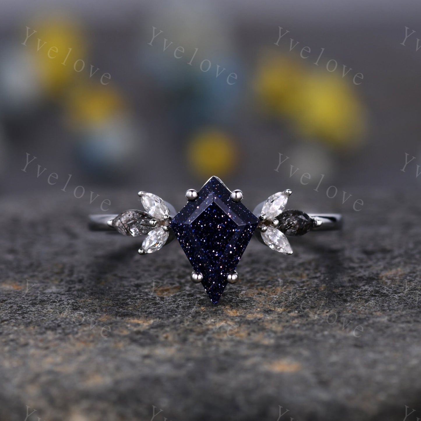 Vintage Kite shaped Sandstone Engagement Ring,Unique Bridal Ring,Marquise Black Rutilated Quartz,White Gold,Women Galaxy Anniversary Ring