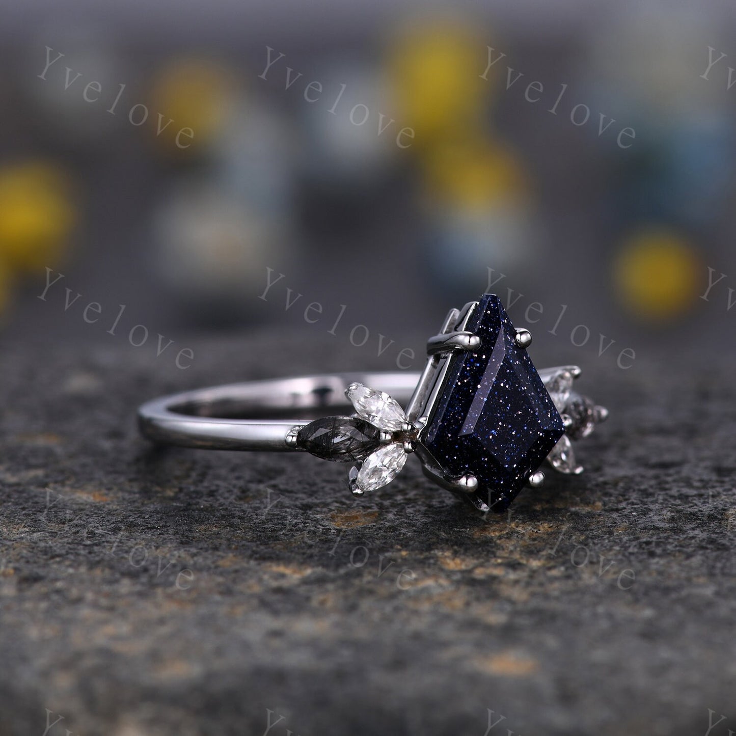 Vintage Kite shaped Sandstone Engagement Ring,Unique Bridal Ring,Marquise Black Rutilated Quartz,White Gold,Women Galaxy Anniversary Ring