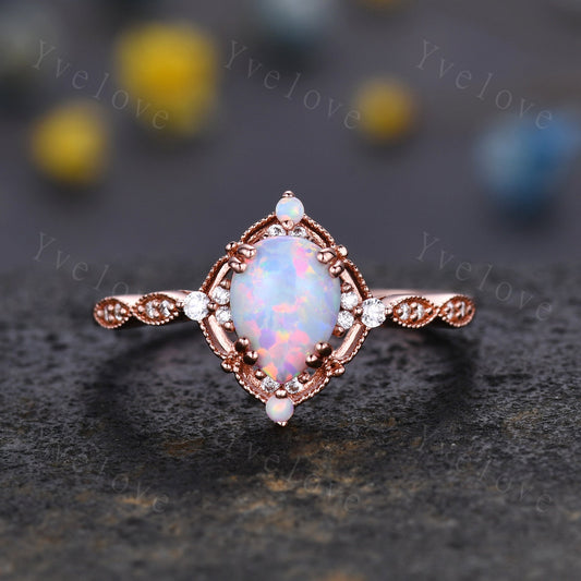 Vintage White Opal Engagement Ring,Pear Shape Opal Bridal Ring,October Birthstone Ring,14K Solid Gold Ring,Women Rings Gift For Her,Handmade