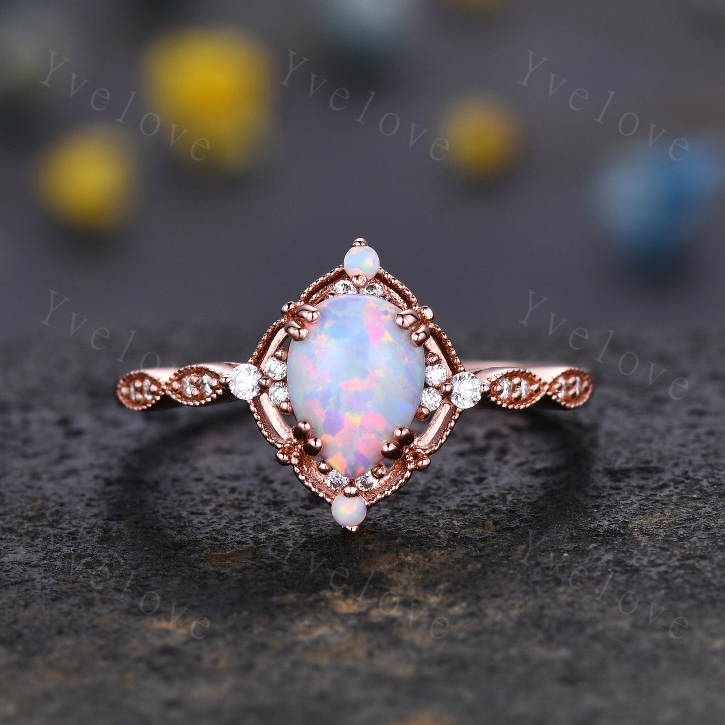 Vintage White Opal Engagement Ring Set,Pear Shape Opal Bridal Set,V Curve Opal Emerald Stack Band,Solid Gold,Women Rings Gift For Her,Custom