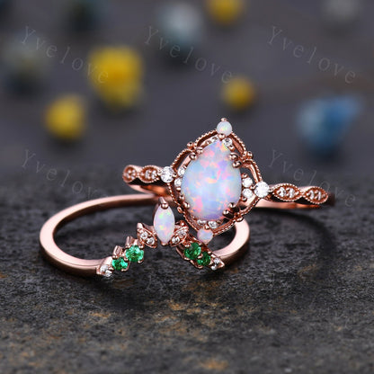 Vintage White Opal Engagement Ring Set,Pear Shape Opal Bridal Set,V Curve Opal Emerald Stack Band,Solid Gold,Women Rings Gift For Her,Custom