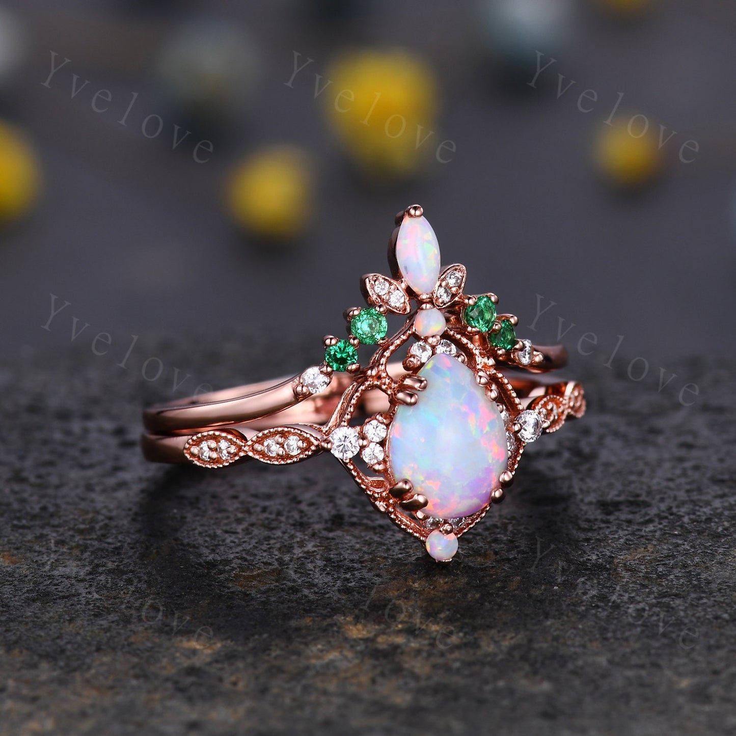 Vintage White Opal Engagement Ring Set,Pear Shape Opal Bridal Set,V Curve Opal Emerald Stack Band,Solid Gold,Women Rings Gift For Her,Custom