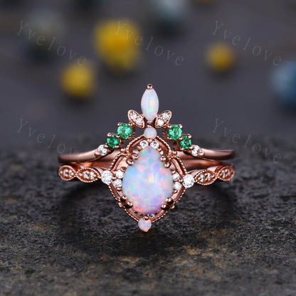 Vintage White Opal Engagement Ring Set,Pear Shape Opal Bridal Set,V Curve Opal Emerald Stack Band,Solid Gold,Women Rings Gift For Her,Custom