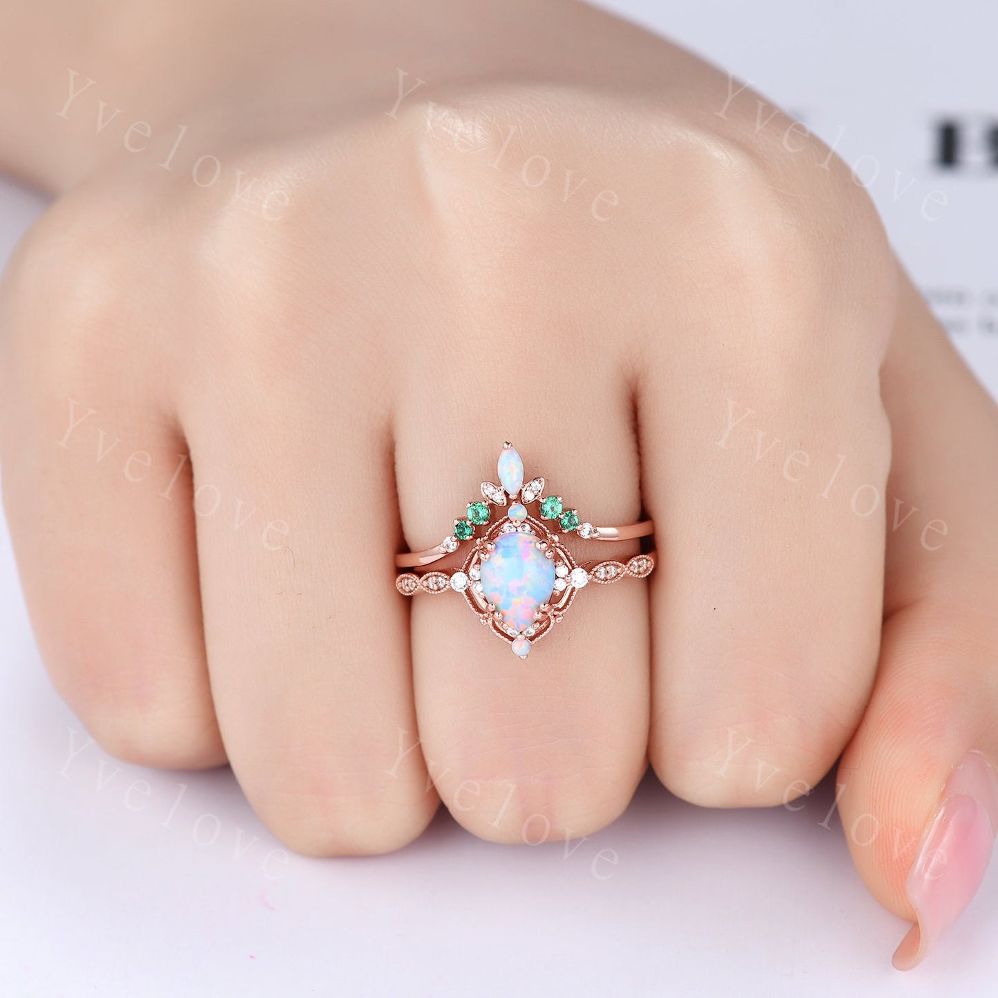 Vintage White Opal Engagement Ring Set,Pear Shape Opal Bridal Set,V Curve Opal Emerald Stack Band,Solid Gold,Women Rings Gift For Her,Custom