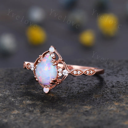 Vintage White Opal Engagement Ring,Pear Shape Opal Bridal Ring,October Birthstone Ring,14K Solid Gold Ring,Women Rings Gift For Her,Handmade