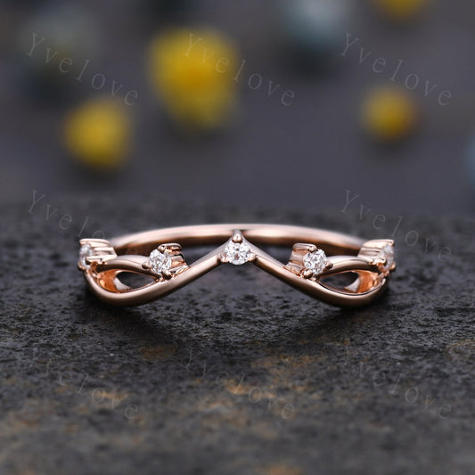 Vintage Twig Engagement Ring,Twig Stacking Band,Women Vine Diamond Band ,Art Deco V Curved Branch Moissanite Wedding Band,14K Rose Gold Ring