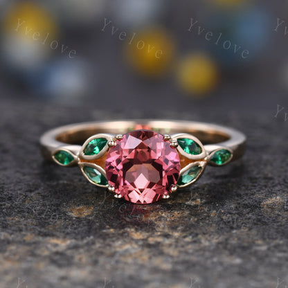 7mm round shape Papalacha sapphire engagement ring,Unique sapphire emerald ring,Marquise emerald,14K rose gold,Promise ring,Anniversary gift