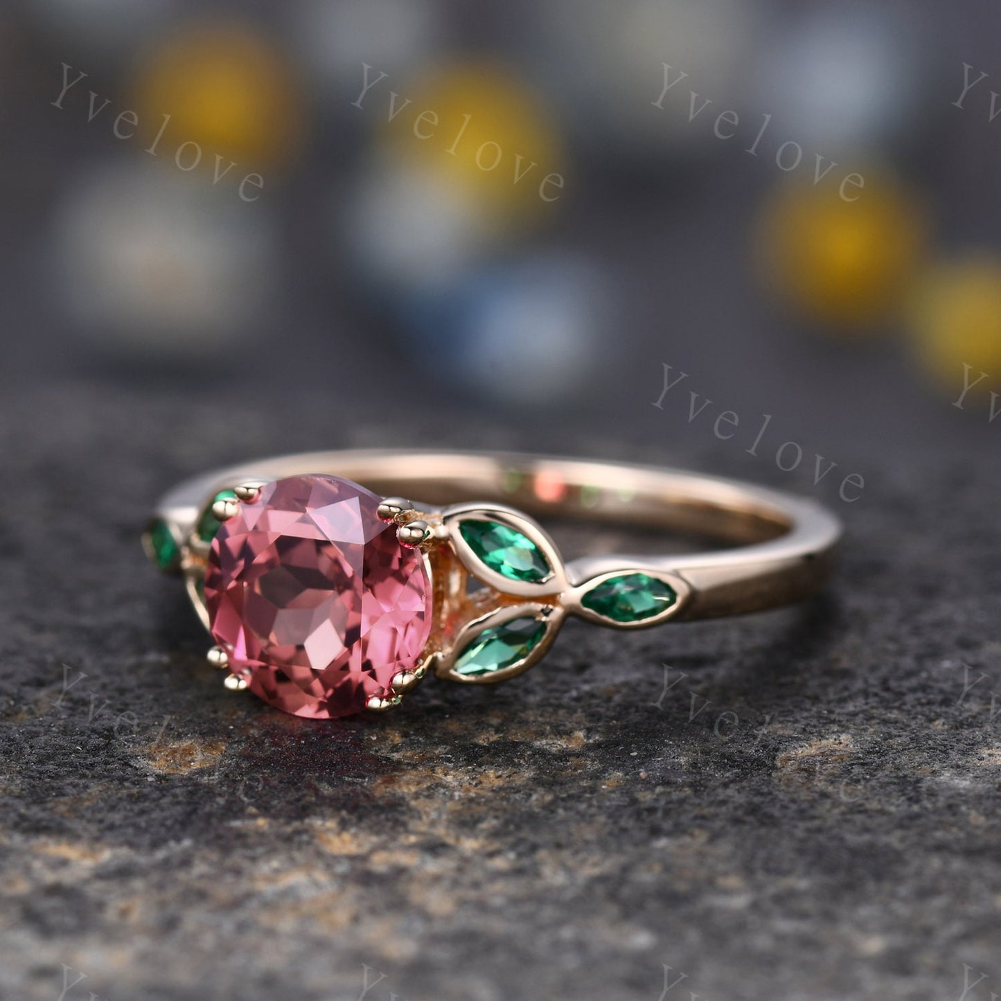 7mm round shape Papalacha sapphire engagement ring,Unique sapphire emerald ring,Marquise emerald,14K rose gold,Promise ring,Anniversary gift