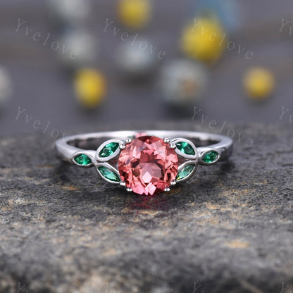 7mm round shape Papalacha sapphire engagement ring,Unique sapphire emerald ring,Marquise emerald,14K rose gold,Promise ring,Anniversary gift