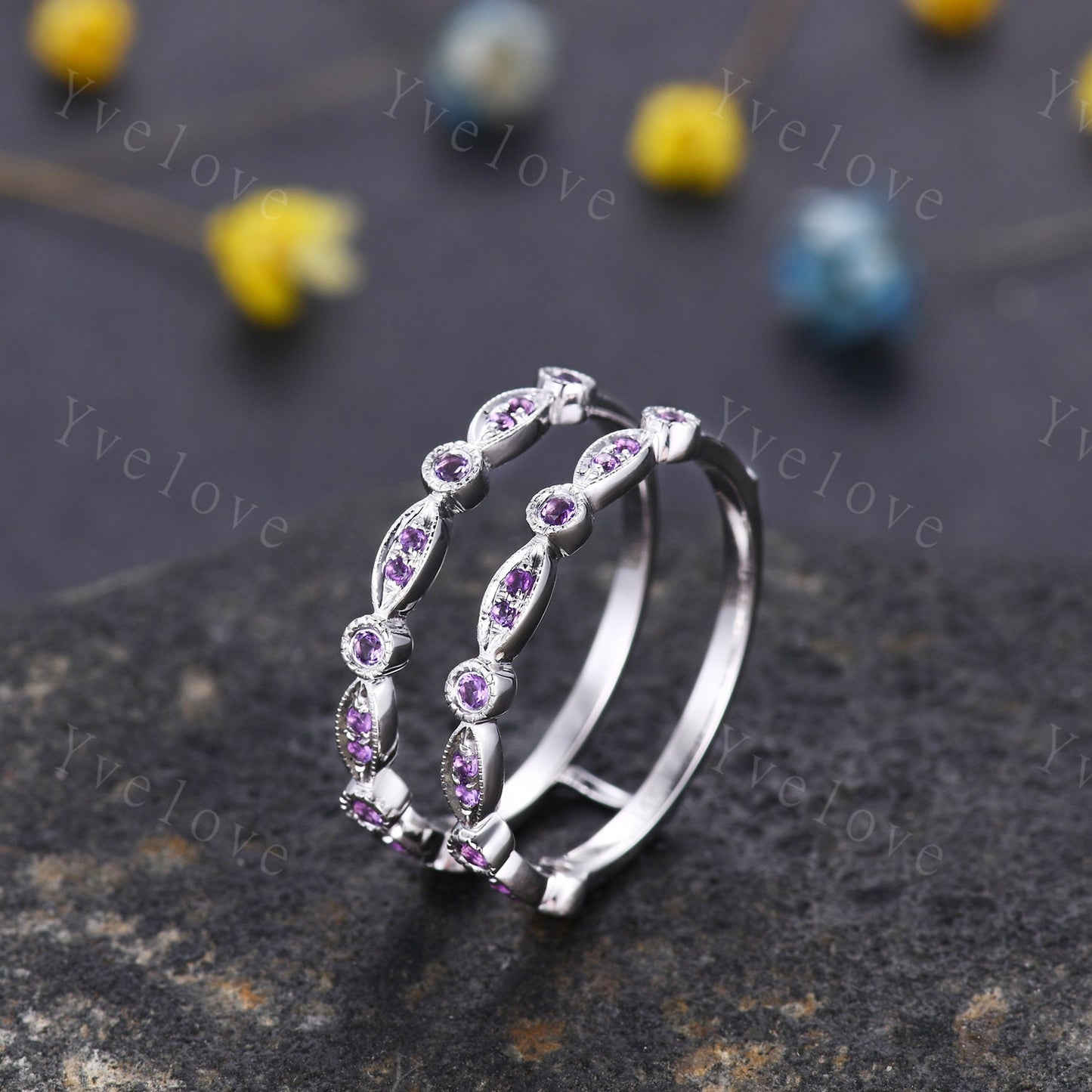 Amethyst ring enhancer ring art deco half eternity amethyst wedding band milgrain style ring 14k white gold matching band natural gemstone