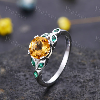 7mm round citrine engagement ring leaf marquise emerald stones vintage yellow citrine wedding ring  floral ring promise  anniversary gift