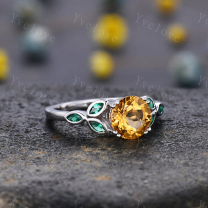 7mm round citrine engagement ring leaf marquise emerald stones vintage yellow citrine wedding ring  floral ring promise  anniversary gift