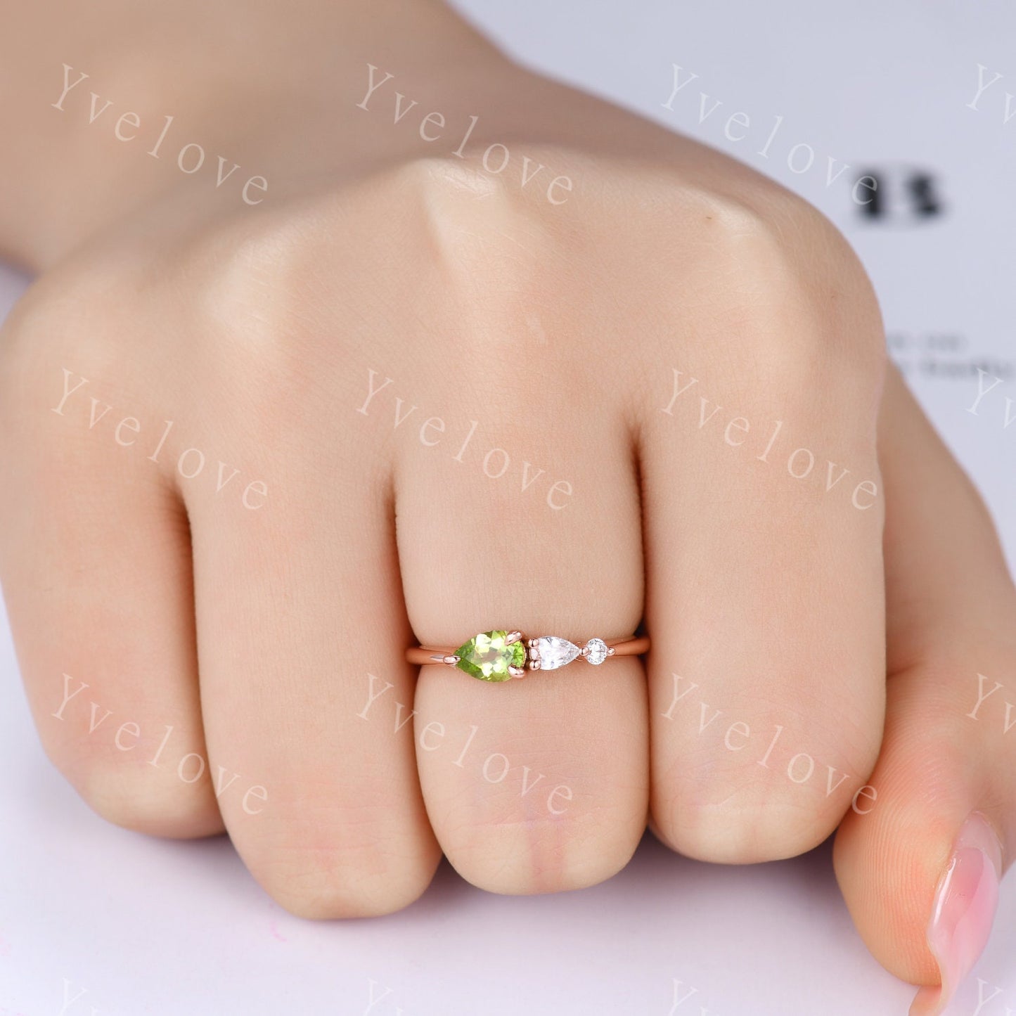 Vintage Peridot Ring Green Engagement Ring,Pear Cut Gems,Art Deco Moissanite Wedding Band,3 Stone Unique Women Bridal Promise Ring,Rose gold