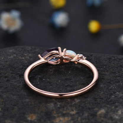 Unique Moss Agate Opal Engagement Ring,Pear Cut Gems,Art Deco Moissanite Wedding Band,3 Stone Unique Women Bridal Promise Ring,Customized
