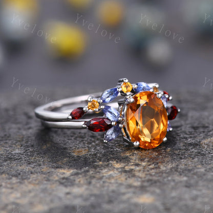 Oval Cut Citrine Wedding Ring Set,Marquise Garnet tanzanite ring,Moissanite Eternity Wedding Band,November Birthstone,Art Deco Silver Ring