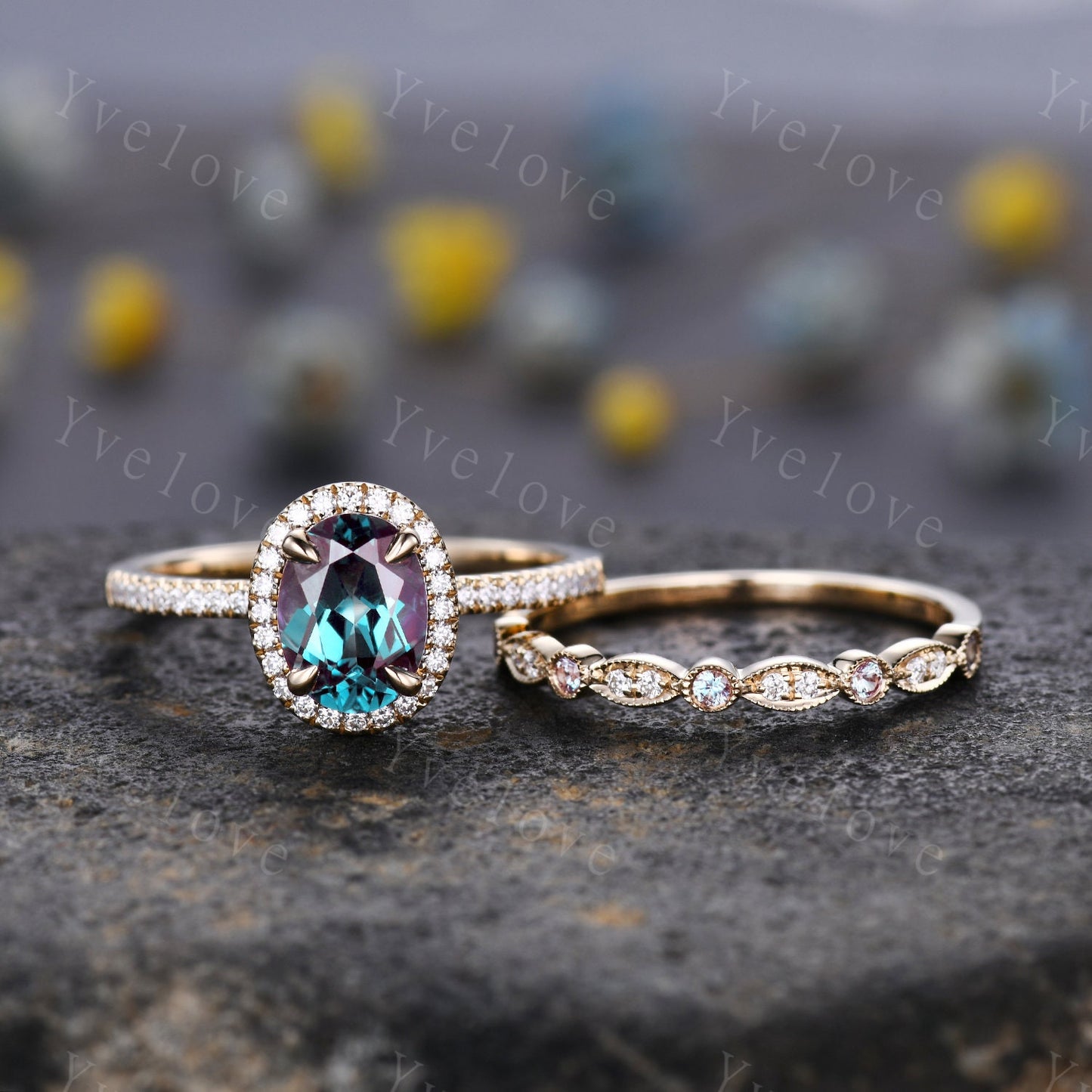 2PC Vintage Oval Cut Alexandrite Engagement Ring Set Halo Moissanite Ring Set Art Deco Bridal Wedding Ring Set Rose Gold Ring Set For Women