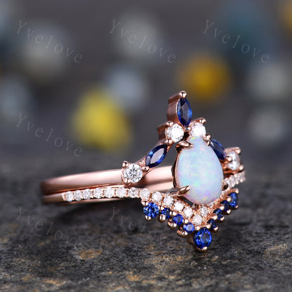 Vintage White Opal Engagement Ring,Opal Sapphire Bridal Ring Set,Pear Opal Ring,Curve Blue Sapphire Diamond Stacking Band,14k Rose Gold Ring