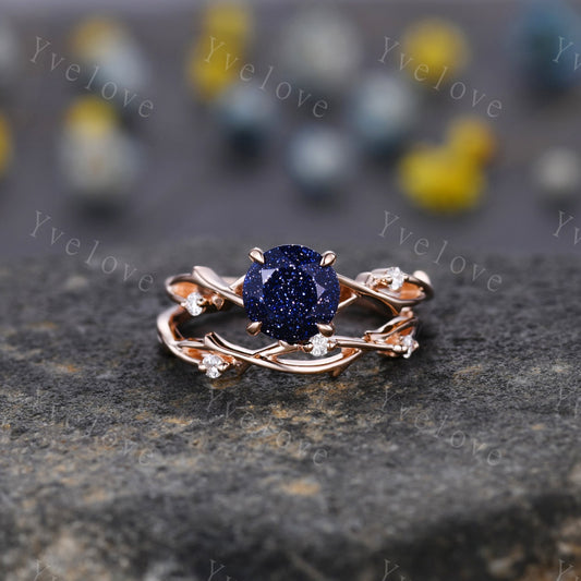 Twig Blue Sandstone Engagement Ring Set,sandstone engagement ring set,14k rose gold,Galaxy vintage unique engagement ring set gift for women