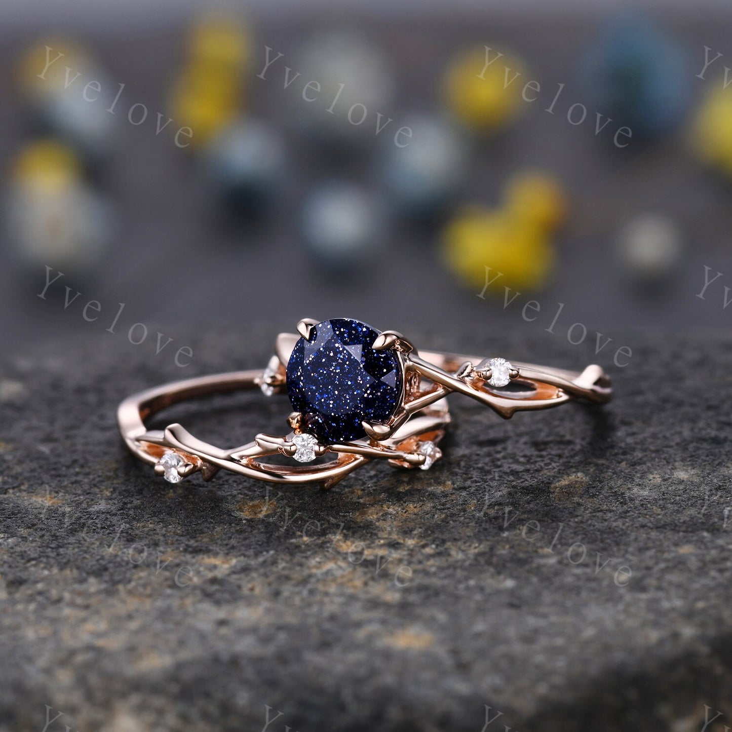 Twig Blue Sandstone Engagement Ring Set,sandstone engagement ring set,14k rose gold,Galaxy vintage unique engagement ring set gift for women