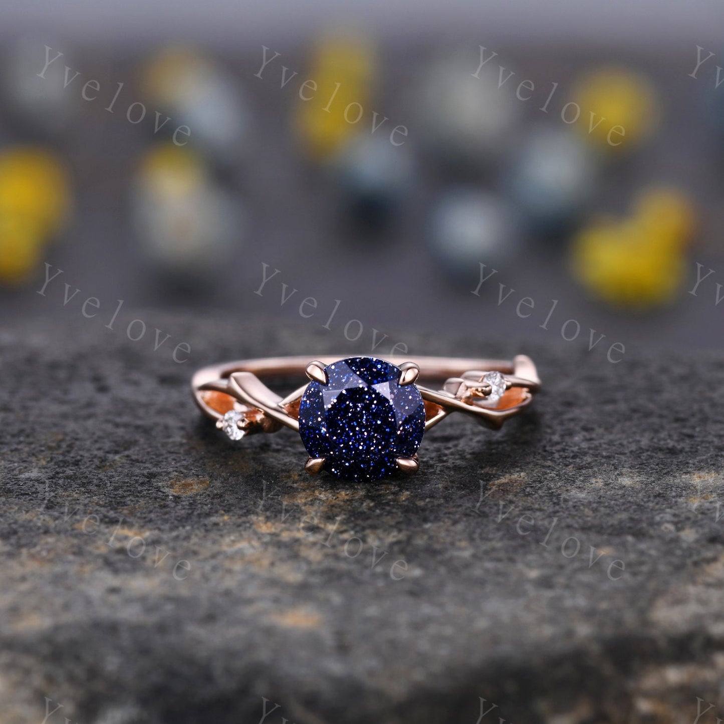 Twig Blue Sandstone Engagement Ring Set,sandstone engagement ring set,14k rose gold,Galaxy vintage unique engagement ring set gift for women