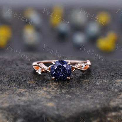 Twig Blue Sandstone Engagement Ring Set,sandstone engagement ring set,14k rose gold,Galaxy vintage unique engagement ring set gift for women