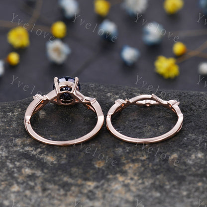 Twig Blue Sandstone Engagement Ring Set,sandstone engagement ring set,14k rose gold,Galaxy vintage unique engagement ring set gift for women