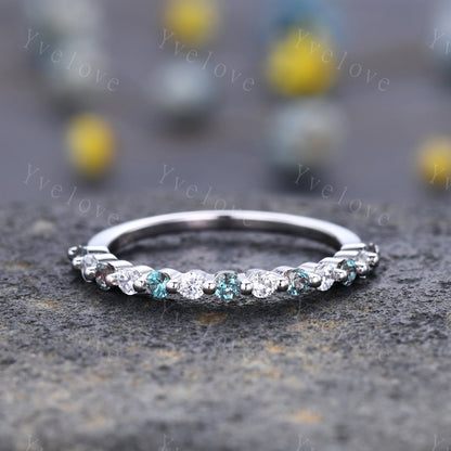 2mm Round Alexandrite Moissanite Band,Alternative Ring,Unique Moissanite Wedding Band,Women Moissanite Matching Band,Silver Ring,Handmade