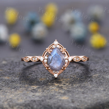 Vintage Labradorite Engagement Ring Set,6x8mm Pear Shape Bridal Set,Moissanite Half Eternity Band,Solid Gold,Women Rings Gift For Her,Custom