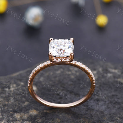 7mm cushion cut moissanite big moissanite engagement ring solid gold natural diamond wedding band hidden diamond band custom jewelry gift