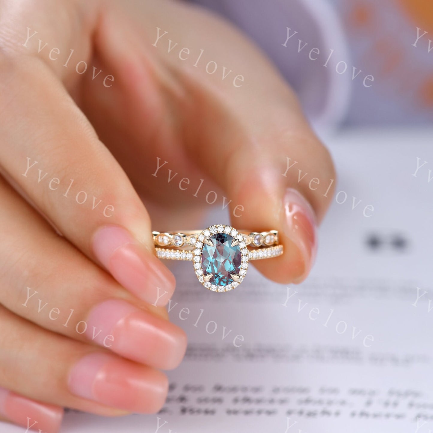 2PC Vintage Oval Cut Alexandrite Engagement Ring Set Halo Moissanite Ring Set Art Deco Bridal Wedding Ring Set Solid Gold Ring Set For Women