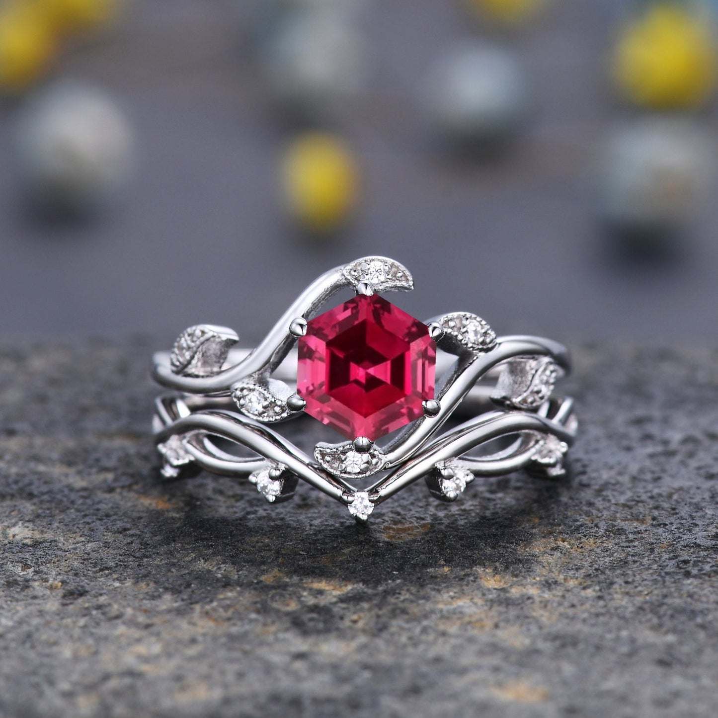 Vintage hexagon cut Red Ruby Ring,Unique Sterling Silver Ring,Retro Ruby Engagement Ring,Leaf Ring,Twig Vine Ring,Anniversary Ring Gift