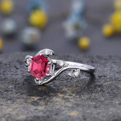 Vintage hexagon cut Red Ruby Ring,Unique Sterling Silver Ring,Retro Ruby Engagement Ring,Leaf Ring,Twig Vine Ring,Anniversary Ring Gift