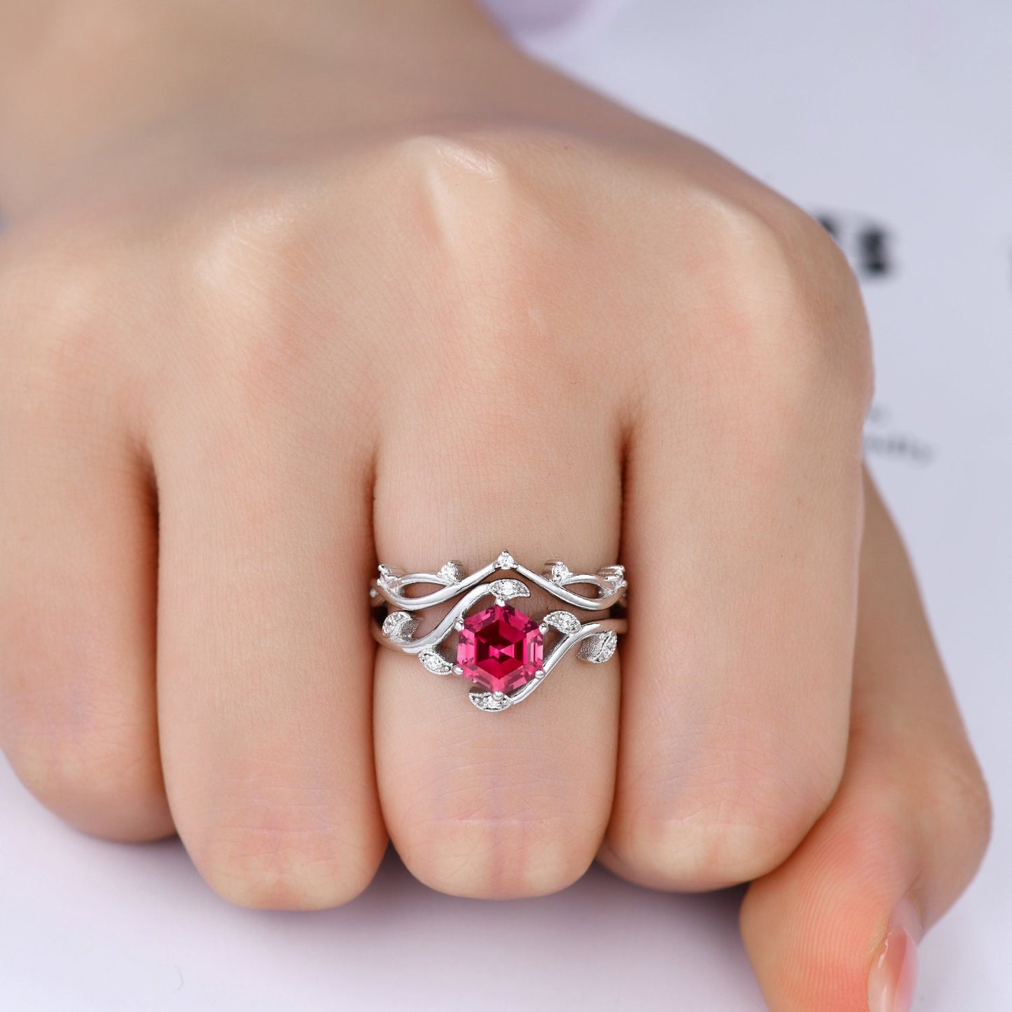 Vintage hexagon cut Red Ruby Ring,Unique Sterling Silver Ring,Retro Ruby Engagement Ring,Leaf Ring,Twig Vine Ring,Anniversary Ring Gift