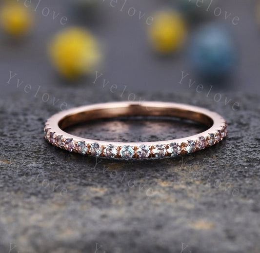 Alexandrite Wedding Band Full Eternity Band Rose Gold June Birthstone Ring Minimalist Ring Pave Wedding Band Stacking Band Anniversary Ring