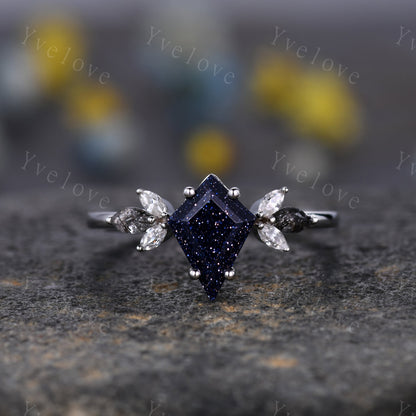 Vintage Kite shaped Sandstone Engagement Ring Set,Unique Bridal Ring Set,Marquise Black Rutilated Quartz,White Gold Galaxy Anniversary Ring