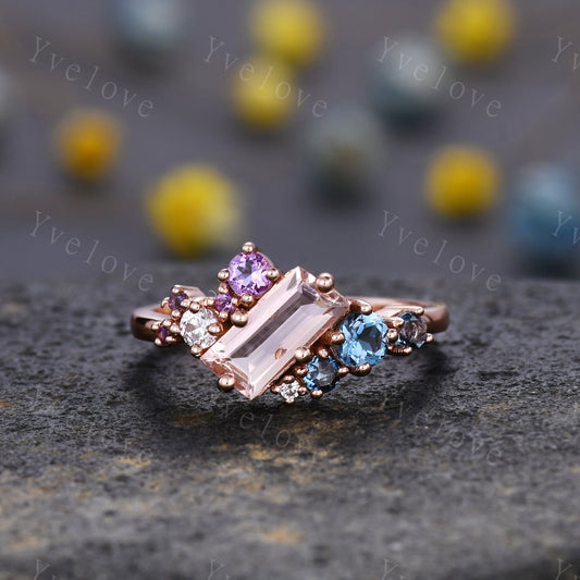 Cluster ring,Cluster engagement ring,Pink Morganite ring,Mutli gemstone ring,Blue Topaz and Amethyst Cluster ring,Stackable band,Personalize